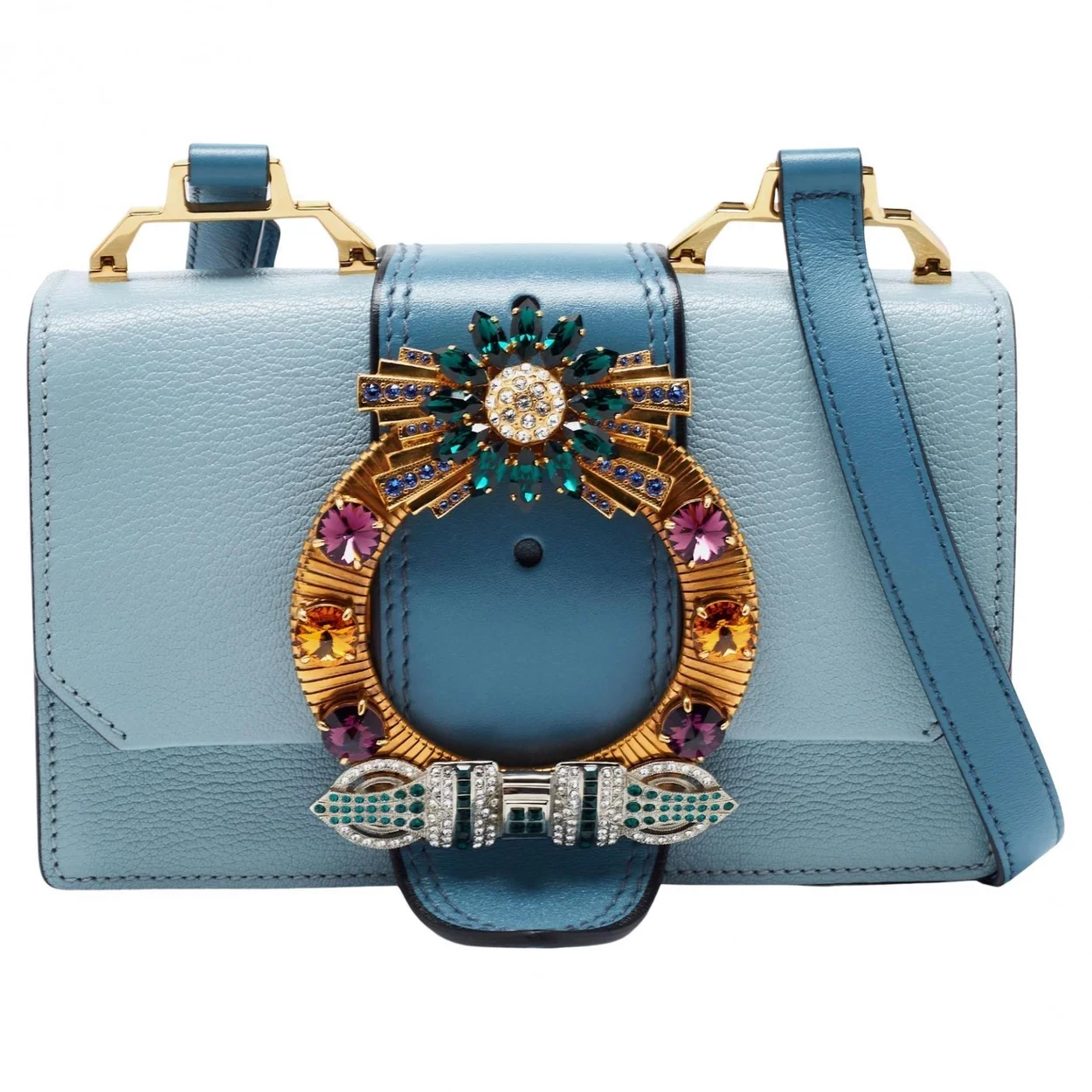 미우미우 크리스탈 버클 플랩 숄더백 블루