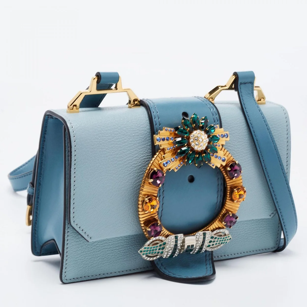 미우미우 크리스탈 버클 플랩 숄더백 블루