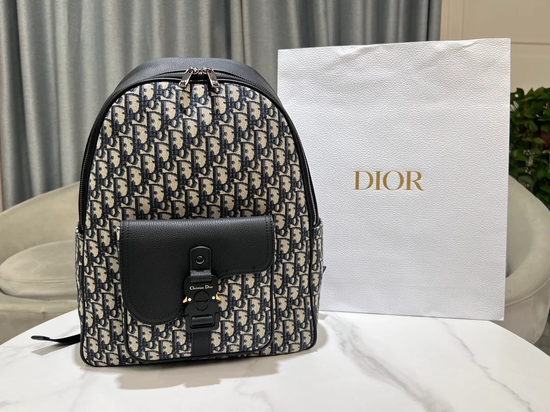 디올 오블리크 자카드 새들 지퍼 백팩 베이지