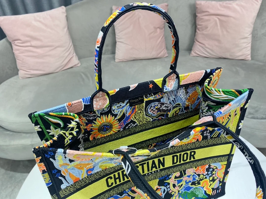 디올 블랙 멀티 컬러 북 토트 라지 백
