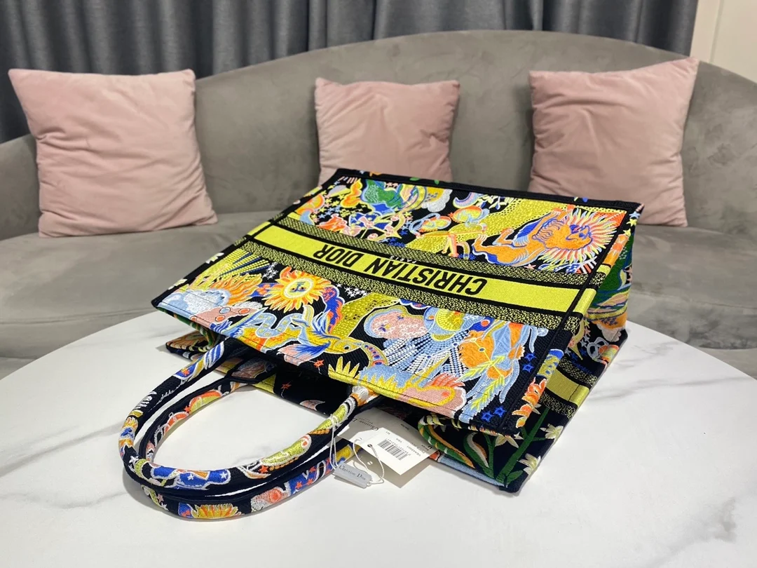 디올 블랙 멀티 컬러 북 토트 라지 백