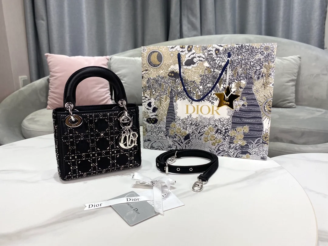 디올 레이디 블랙 라인 스톤 미니 백