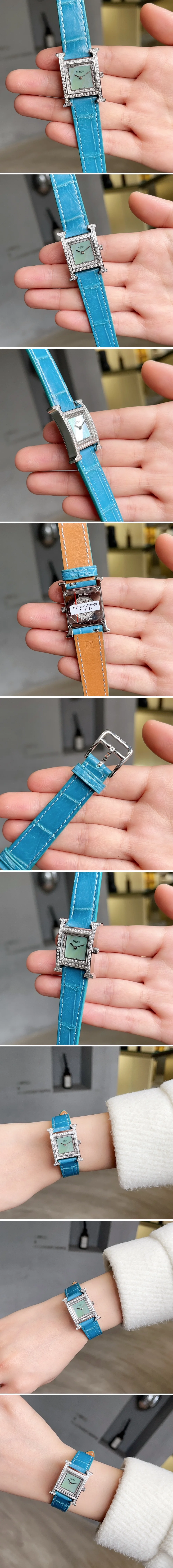 에르메스 여성 시계 에이치아워 은장 다이야 블루