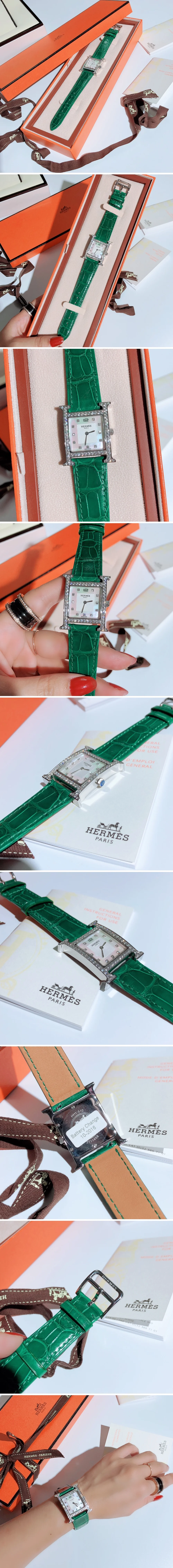 에르메스 여성 시계 에이치아워 은장 다이야 그린