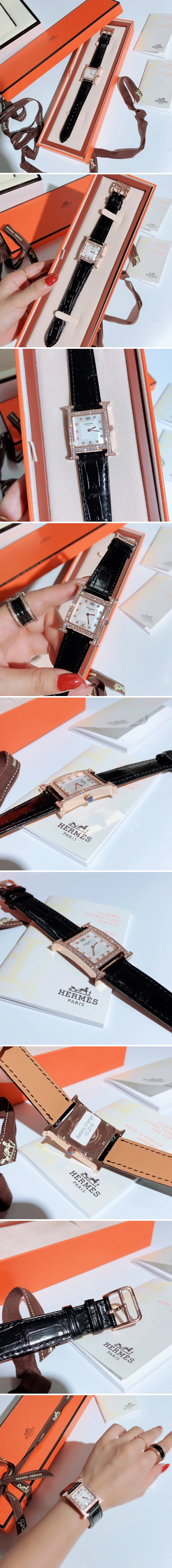 에르메스 여성 시계 에이치아워 로즈골드 다이야 블랙