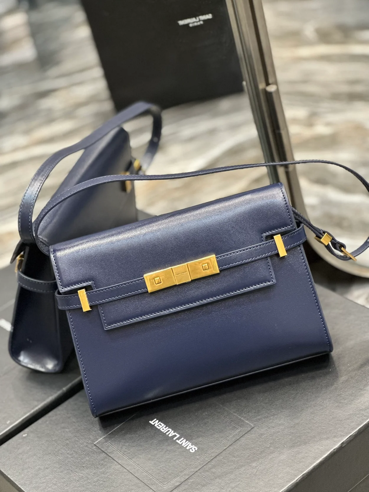 생로랑 맨해튼 스몰 숄더백 블루