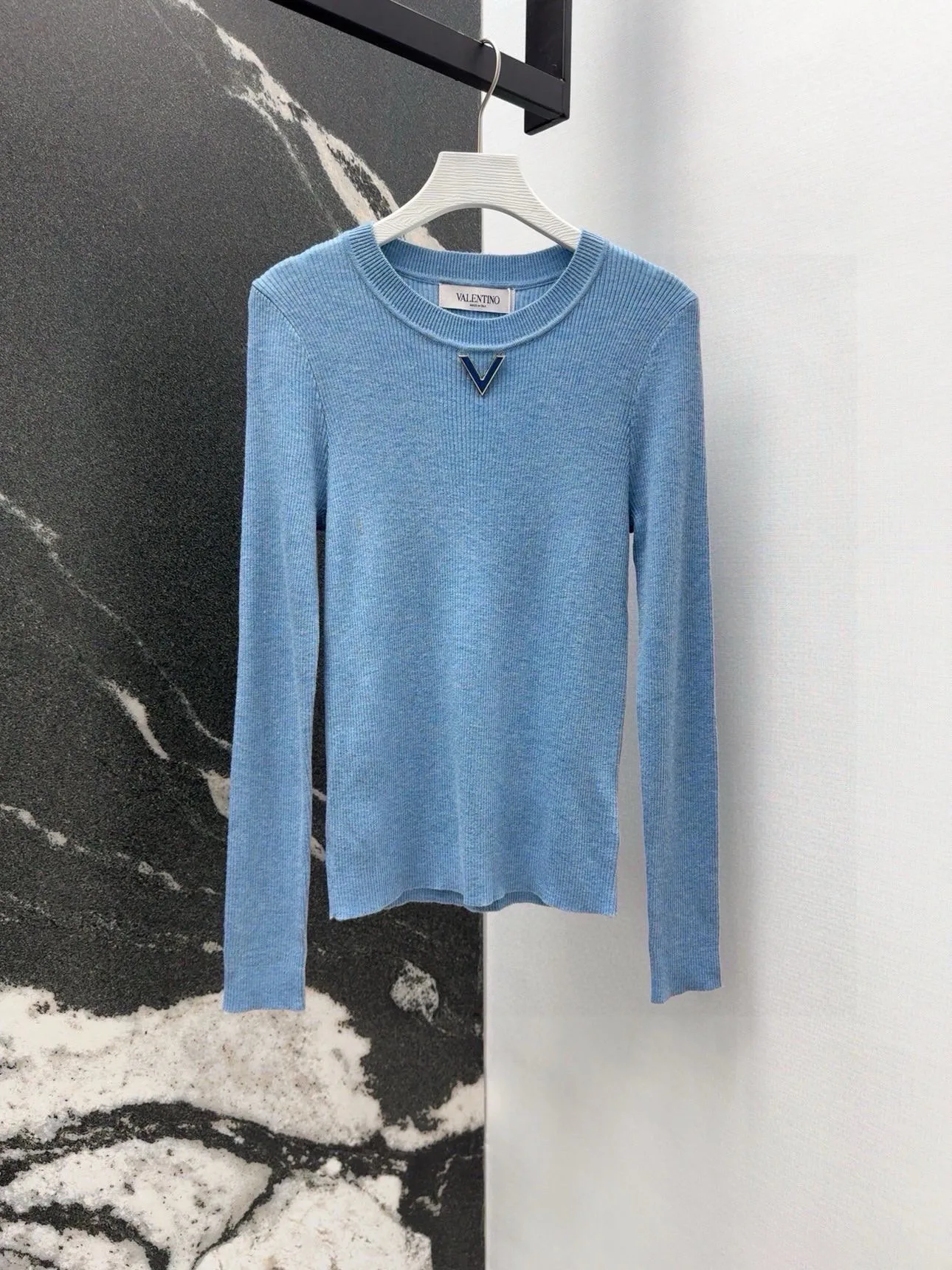 발렌티노 로고 골지 티셔츠 블루 상세 이미지 2