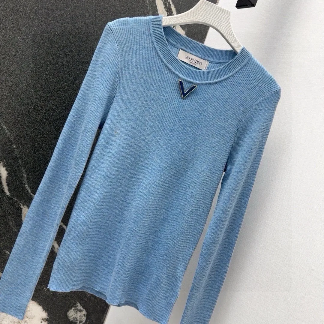 발렌티노 로고 골지 티셔츠 블루 상세 이미지 4
