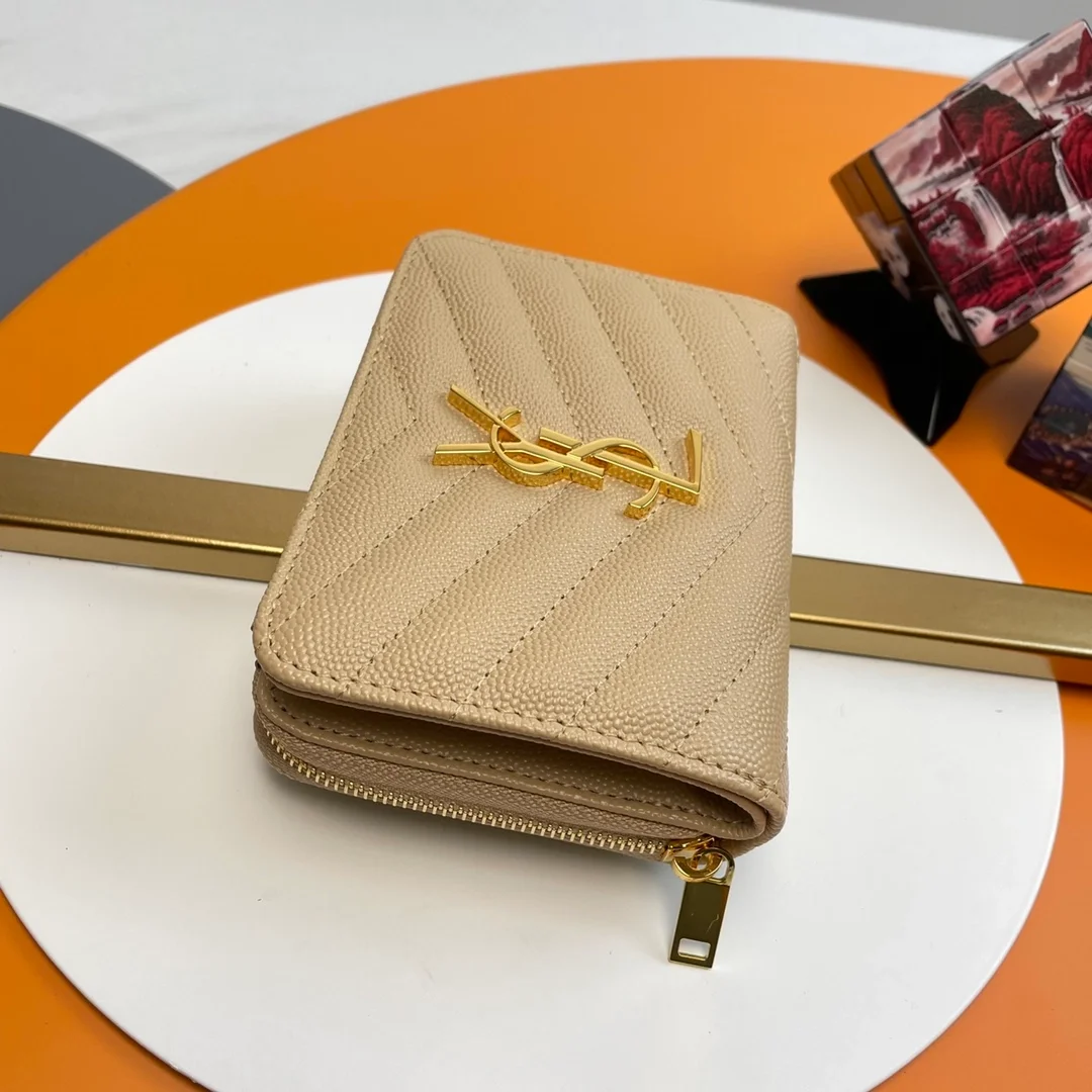 생로랑 컴팩트 지퍼 어라운드 월릿 베이지 골드
