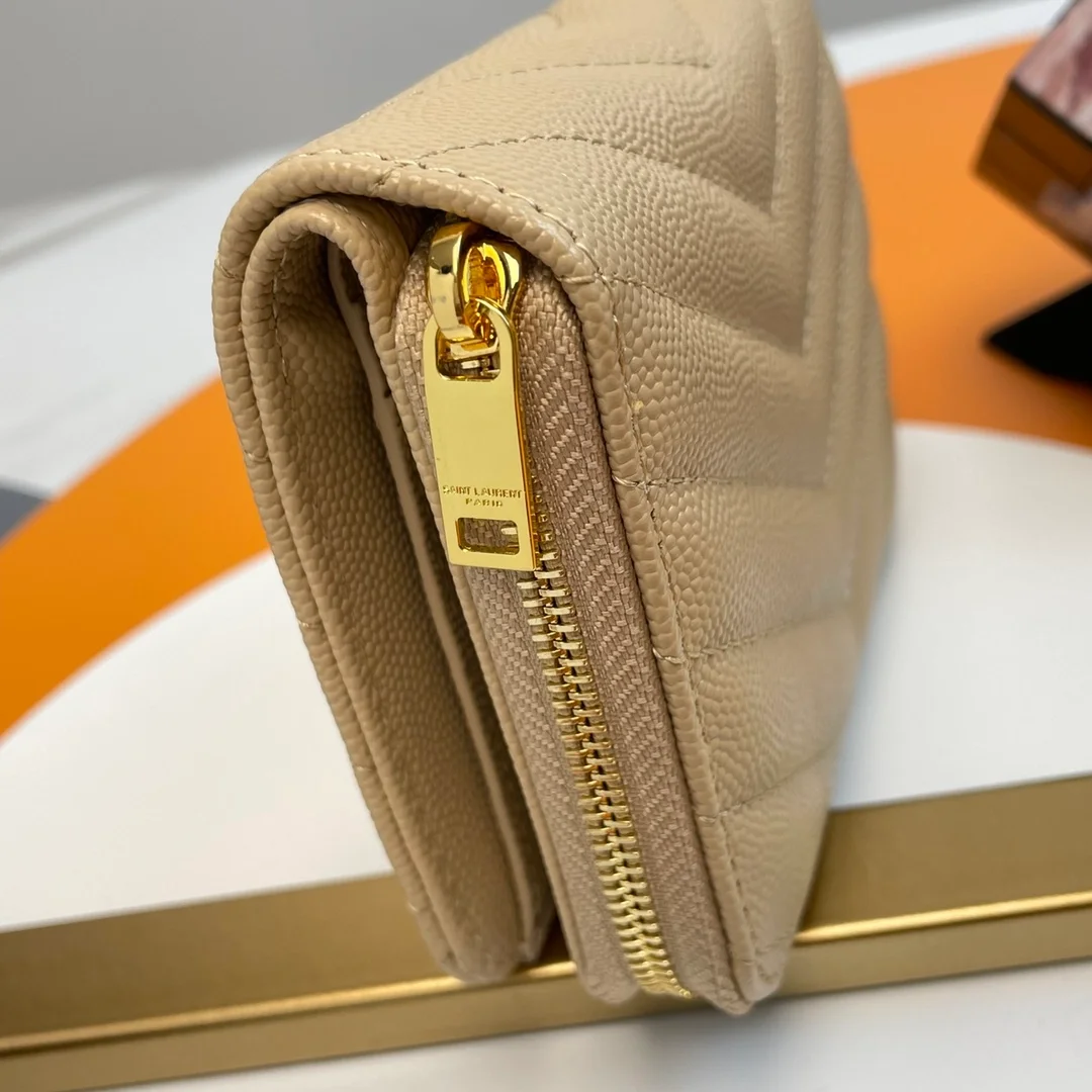 생로랑 컴팩트 지퍼 어라운드 월릿 베이지 골드