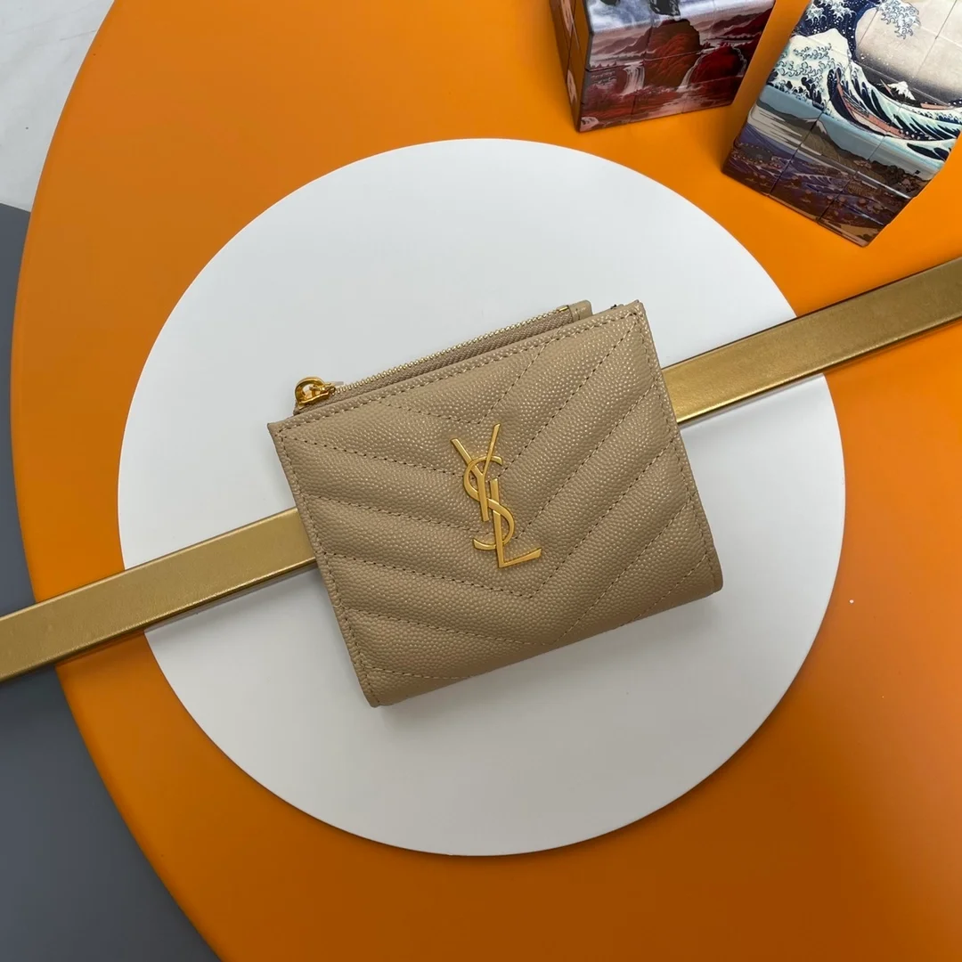 생로랑 모노그램 2단 지갑 베이지 골드