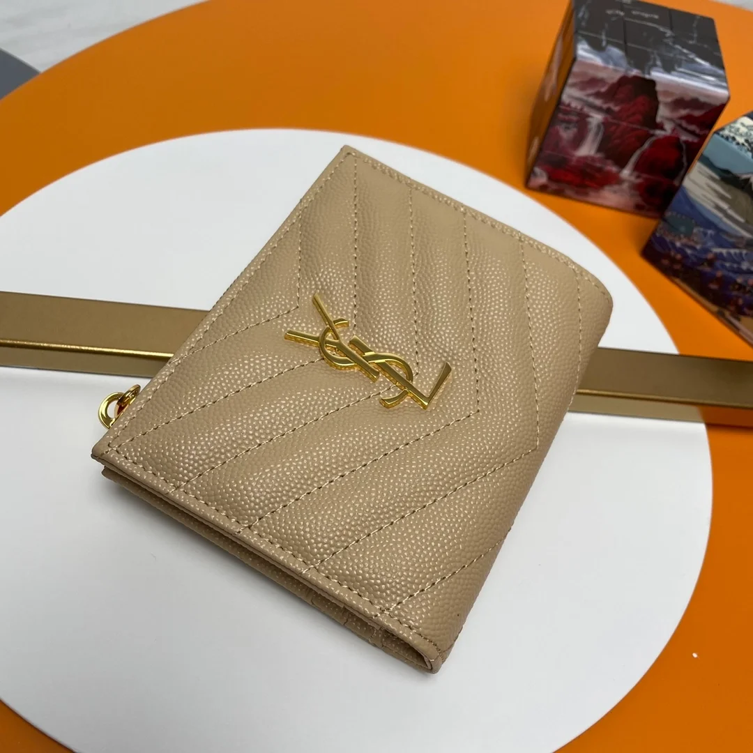 생로랑 모노그램 2단 지갑 베이지 골드