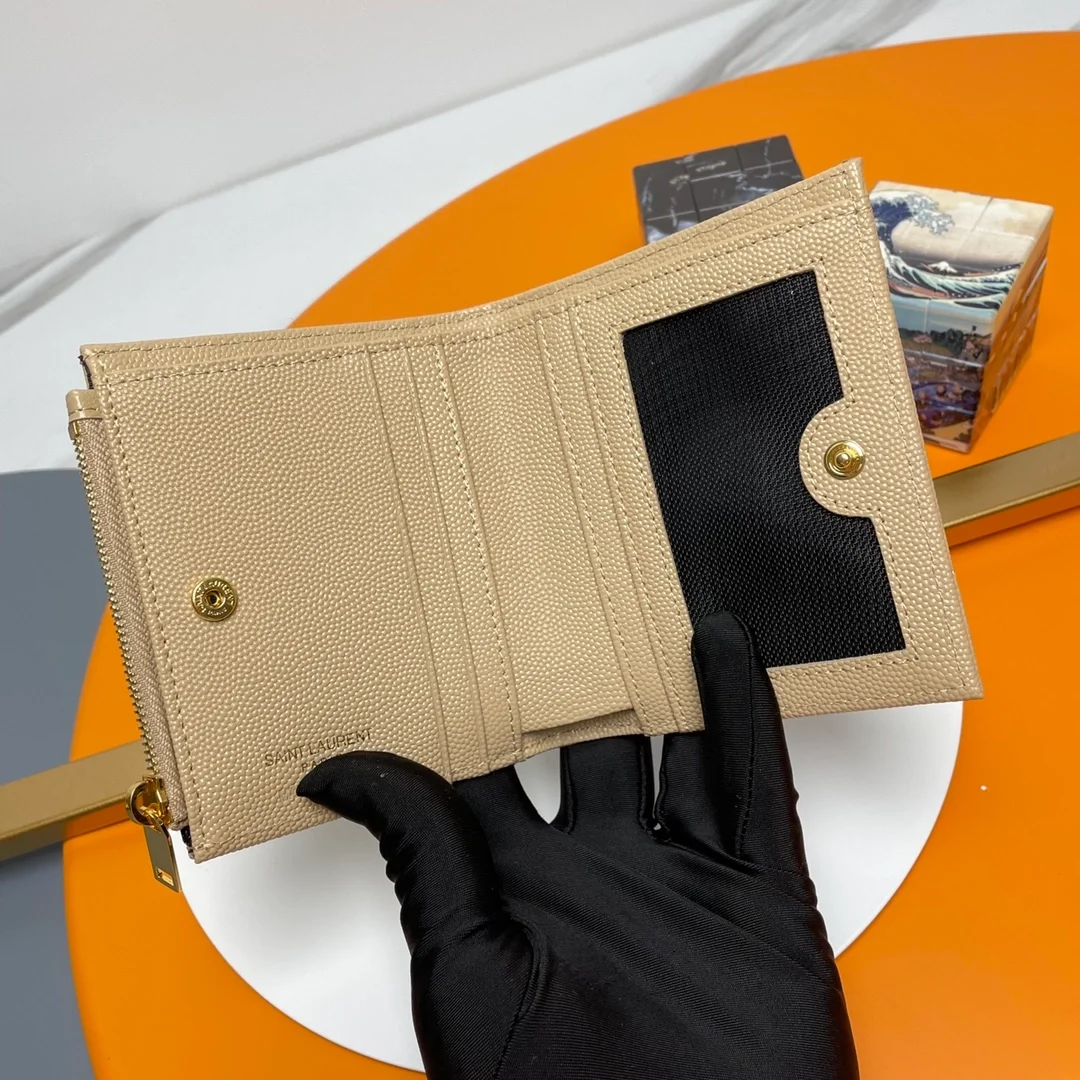 생로랑 모노그램 2단 지갑 베이지 골드