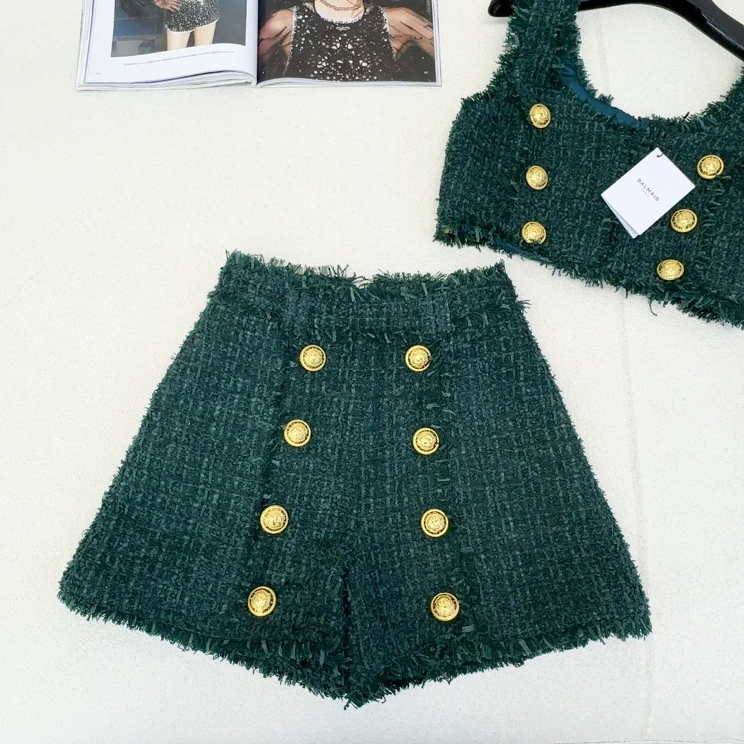 발망 다크 그린 트위드 하이라이즈 미니 쇼츠