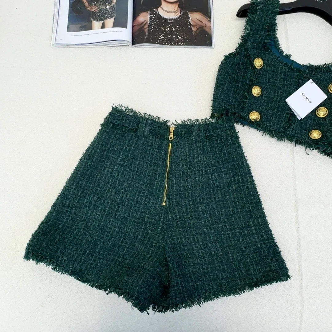 발망 다크 그린 트위드 하이라이즈 미니 쇼츠