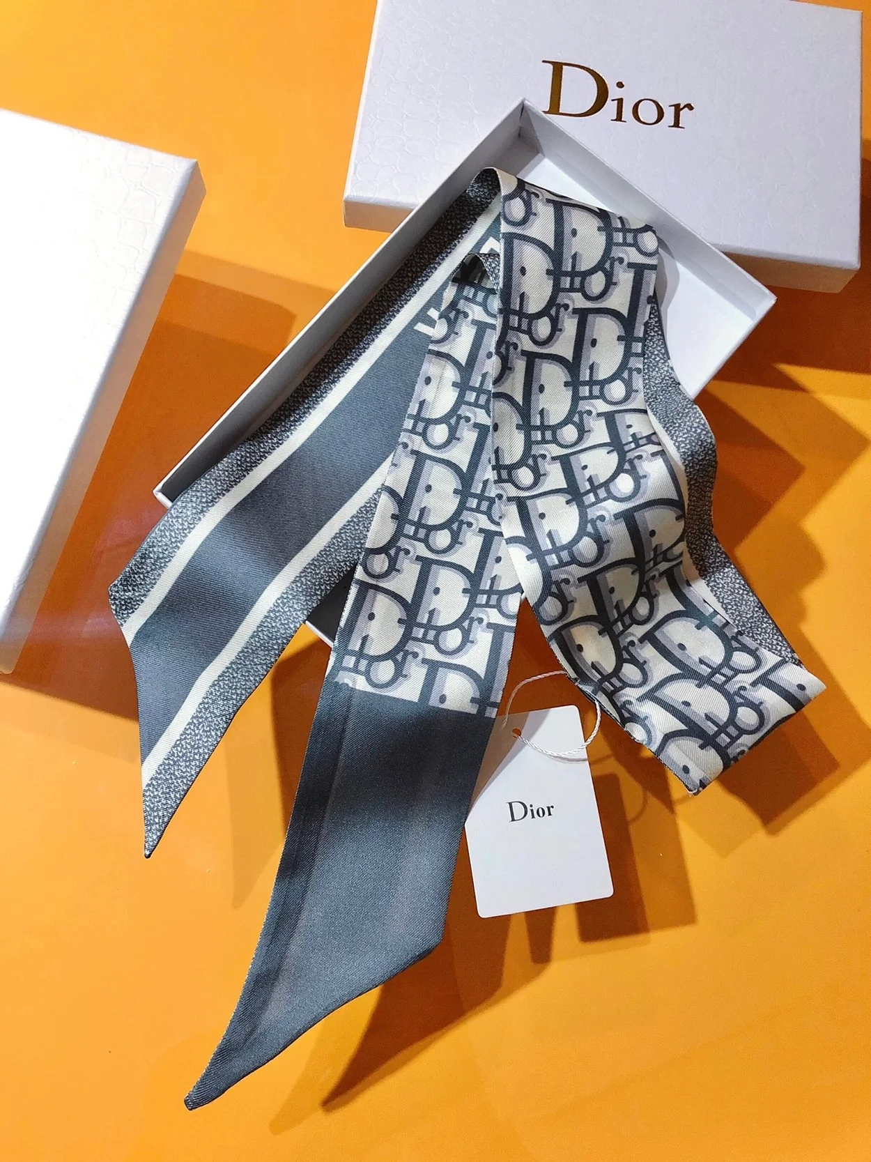 디올 오블리크 그레이 실크 트윌 미차 스카프