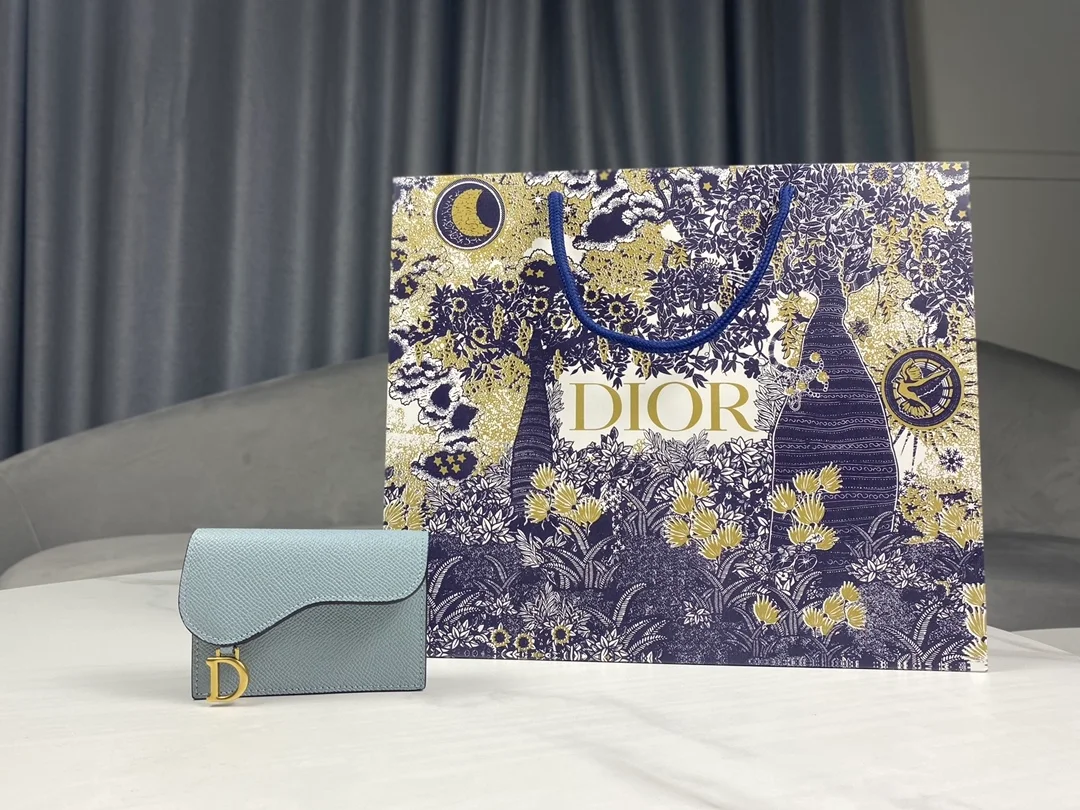 디올 새들 플랩 카드 지갑 블루