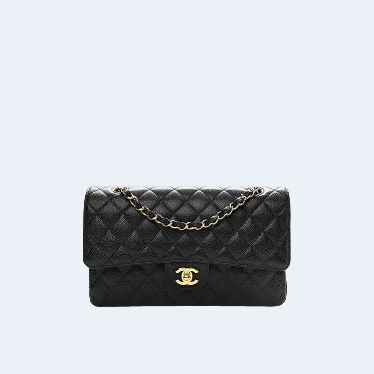 샤넬 클래식 미디움 캐비어 블랙 골드