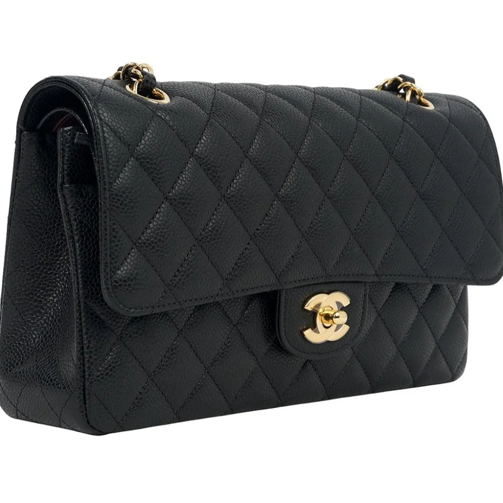 샤넬 클래식 미디움 캐비어 블랙 골드