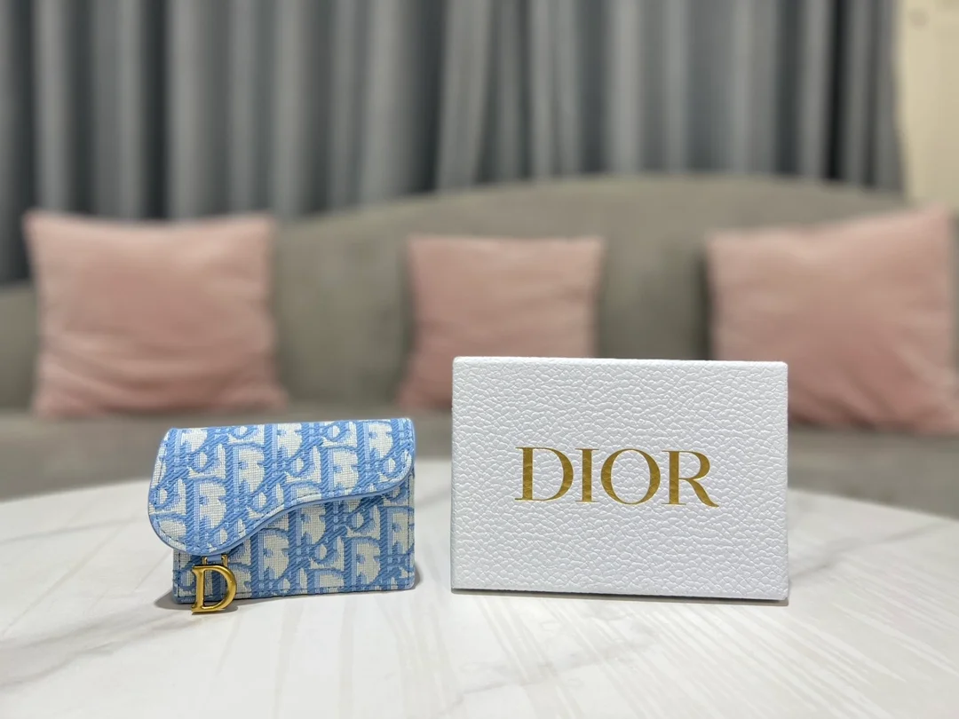 디올 새들 플랩 카드 지갑 블루