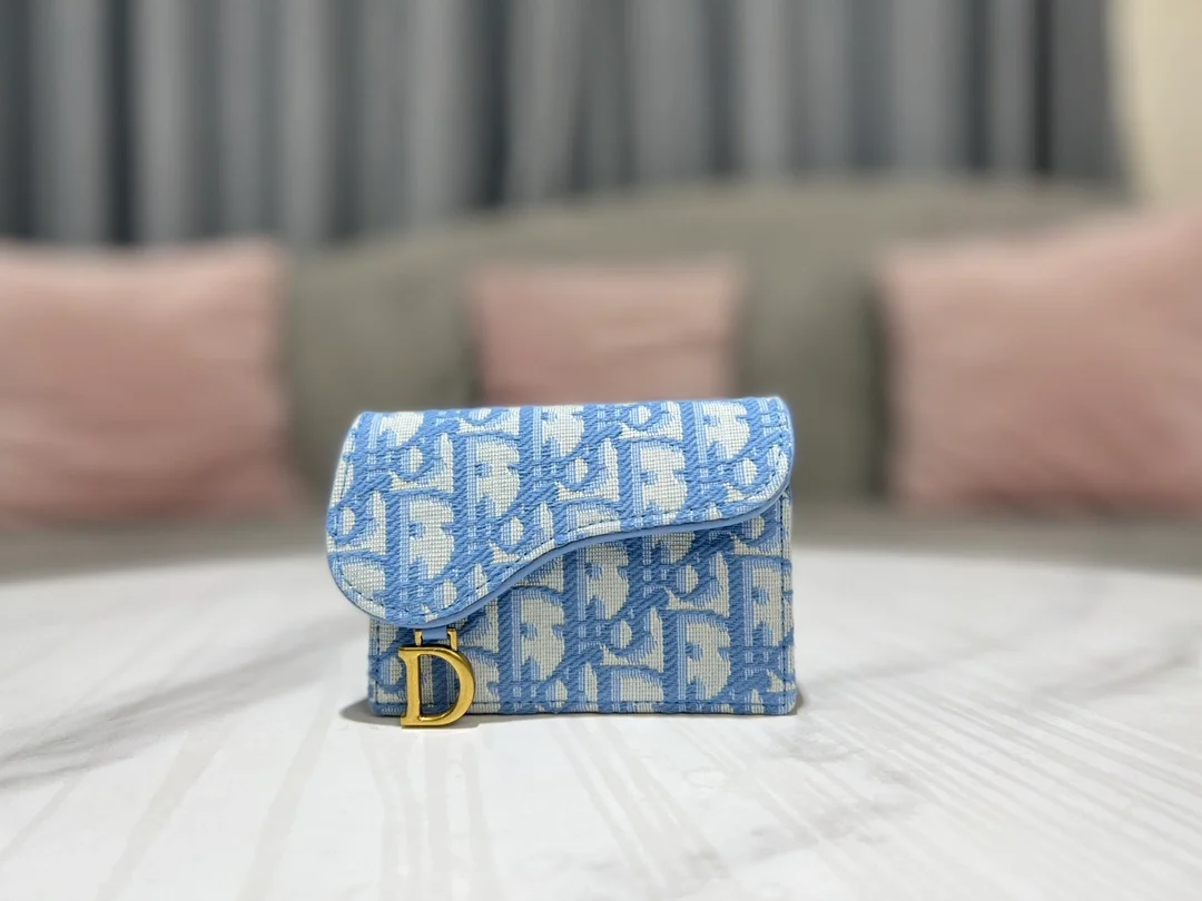 디올 새들 플랩 카드 지갑 블루