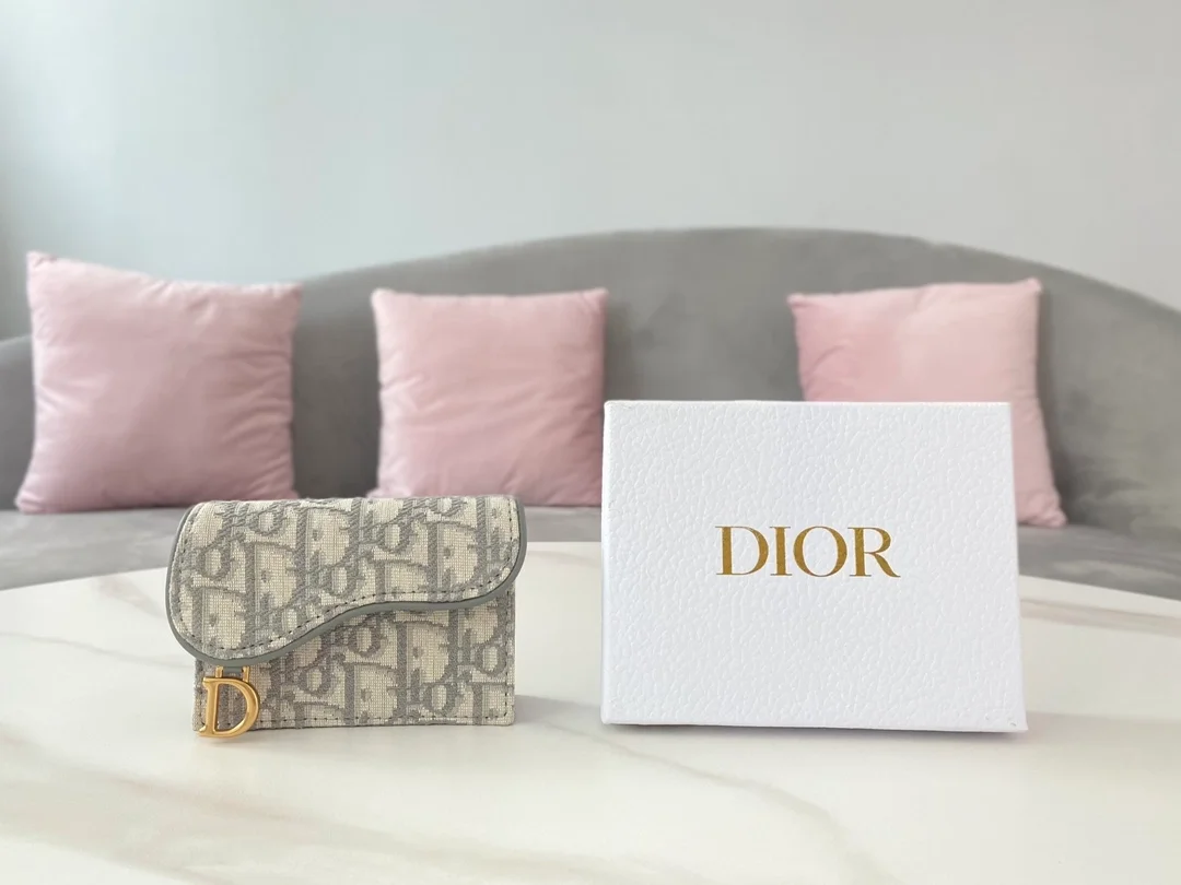 디올 새들 플랩 카드 지갑 그레이