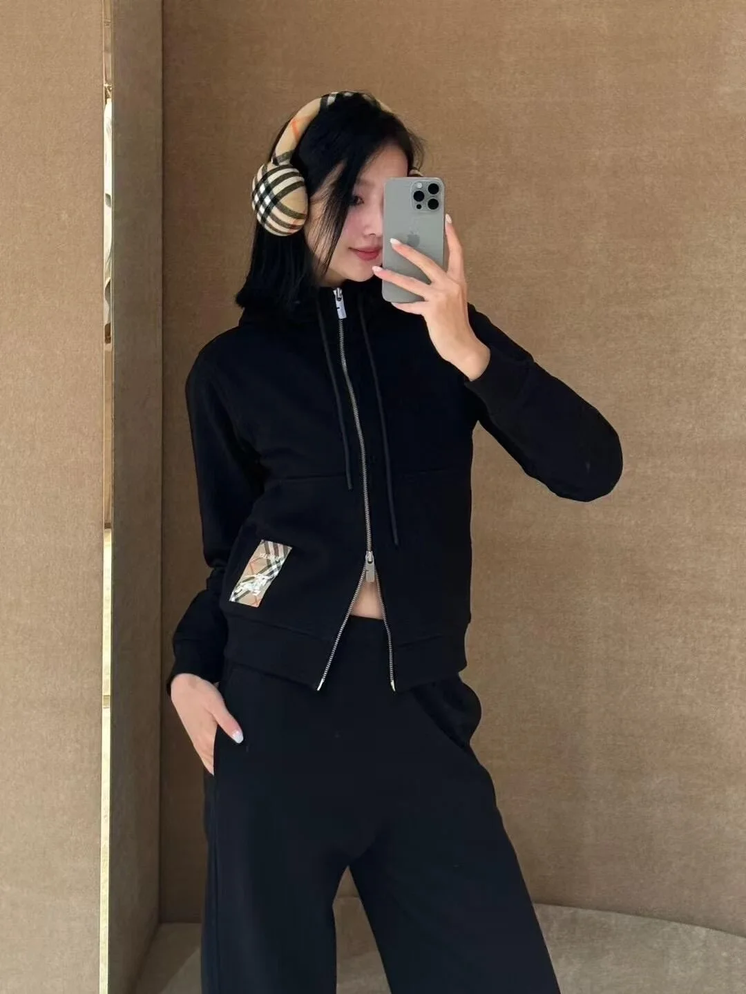 버버리 체크 라벨 코튼 후드 블랙