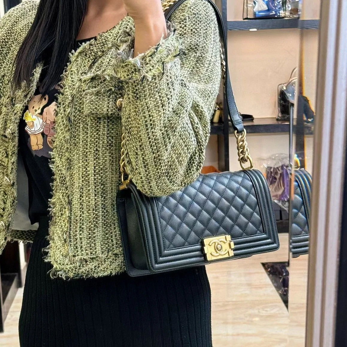 샤넬 보이백 미디움 캐비어 블랙 빈티지 실버