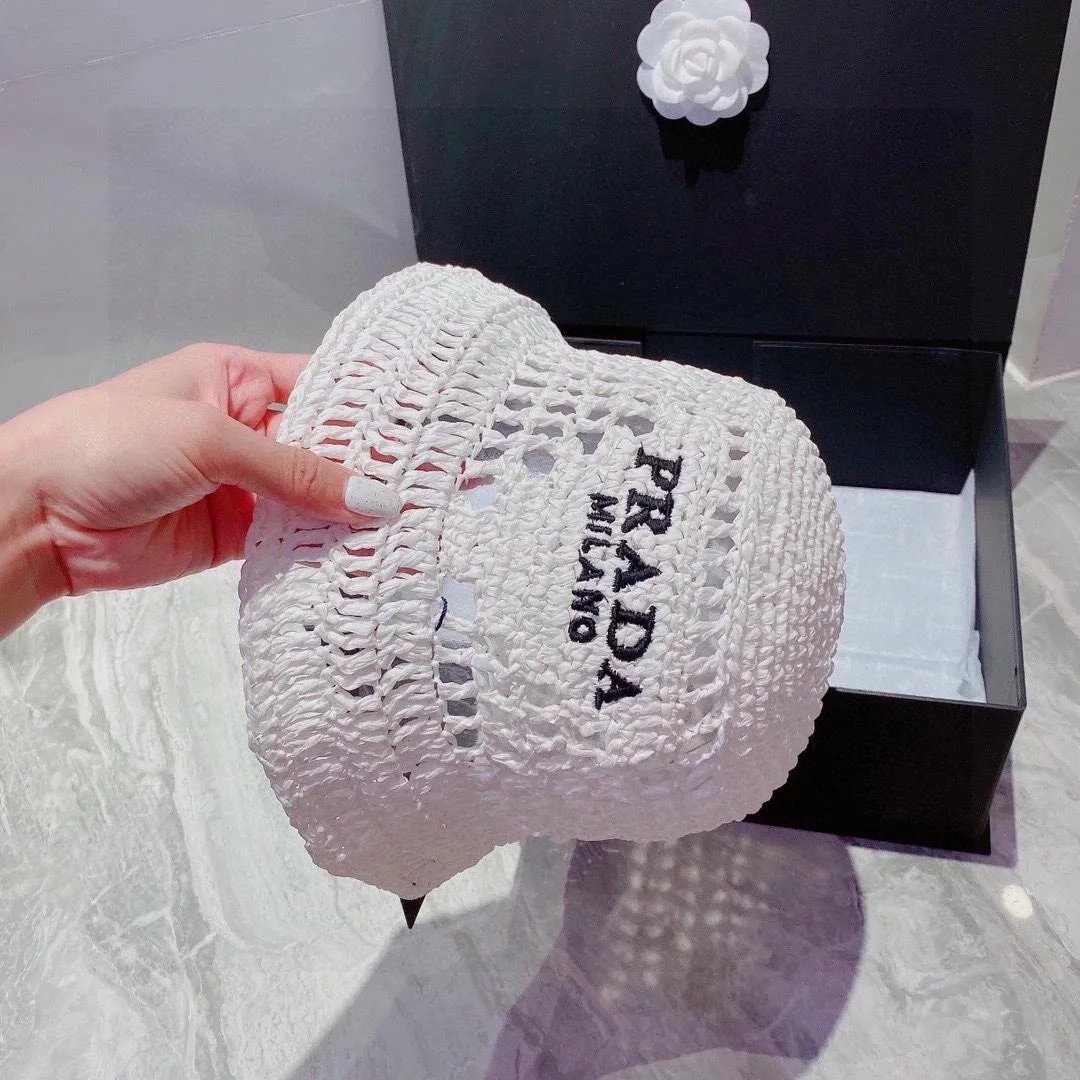 프라다 우븐 패브릭 화이트 버킷 햇