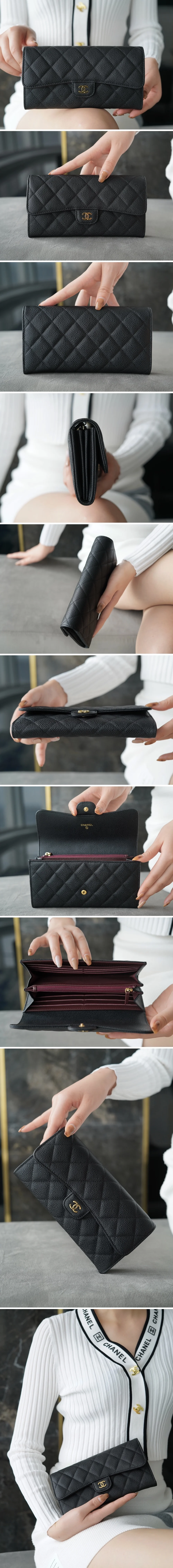 샤넬 클래식 캐비어 플랩 장지갑 블랙 금장