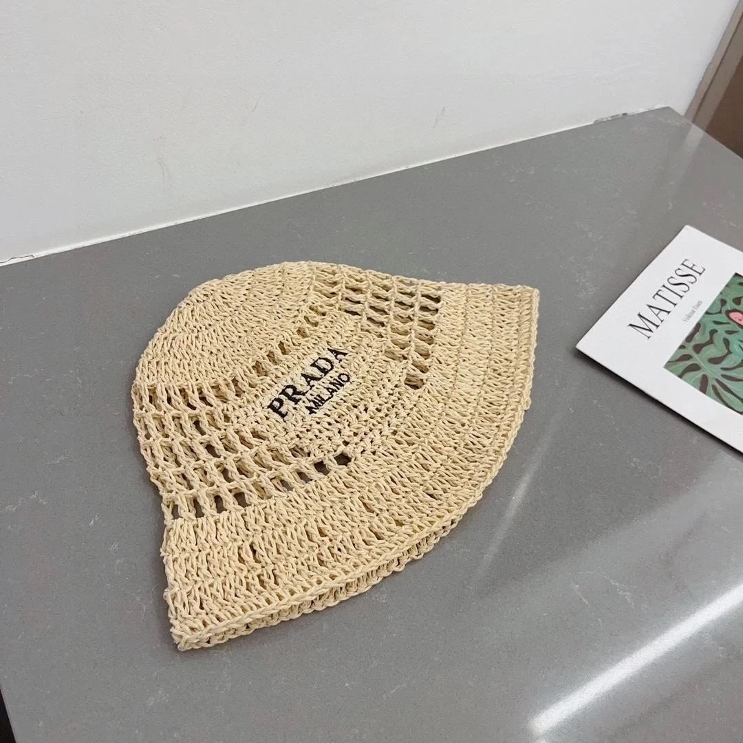 프라다 우븐 패브릭 내추럴 버킷 햇