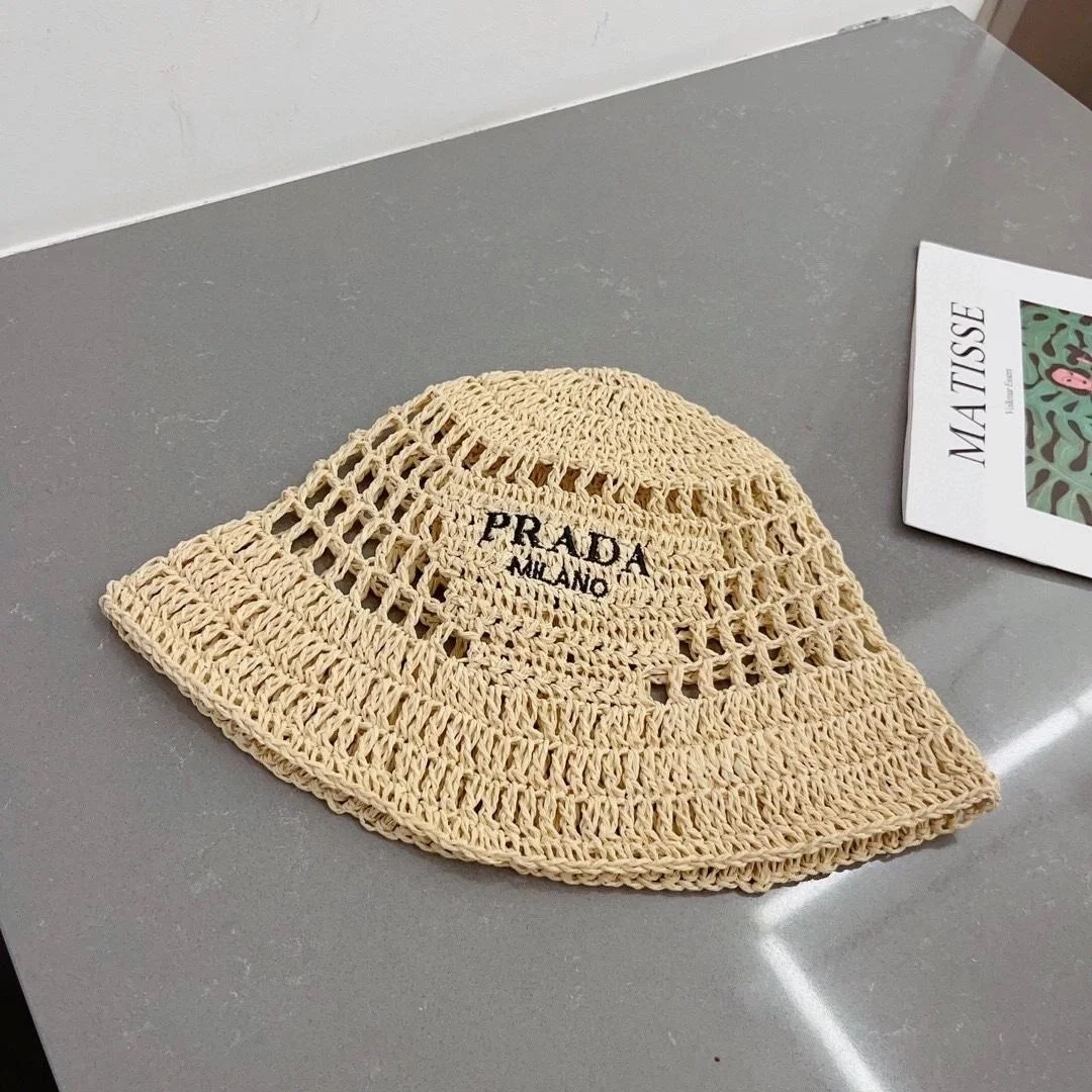 프라다 우븐 패브릭 내추럴 버킷 햇