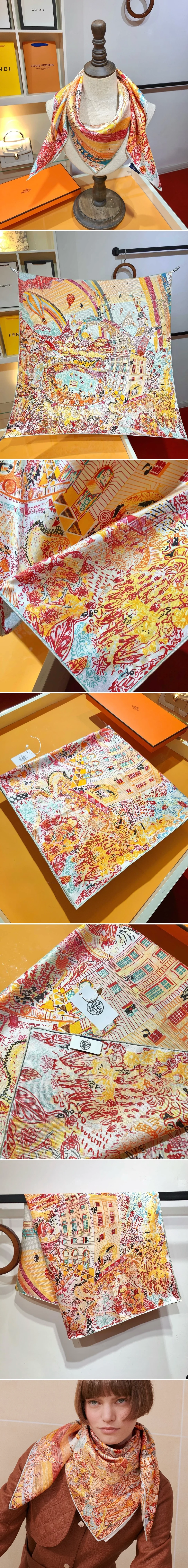 에르메스 스테이틀리 휠 까레  실크 스카프 90