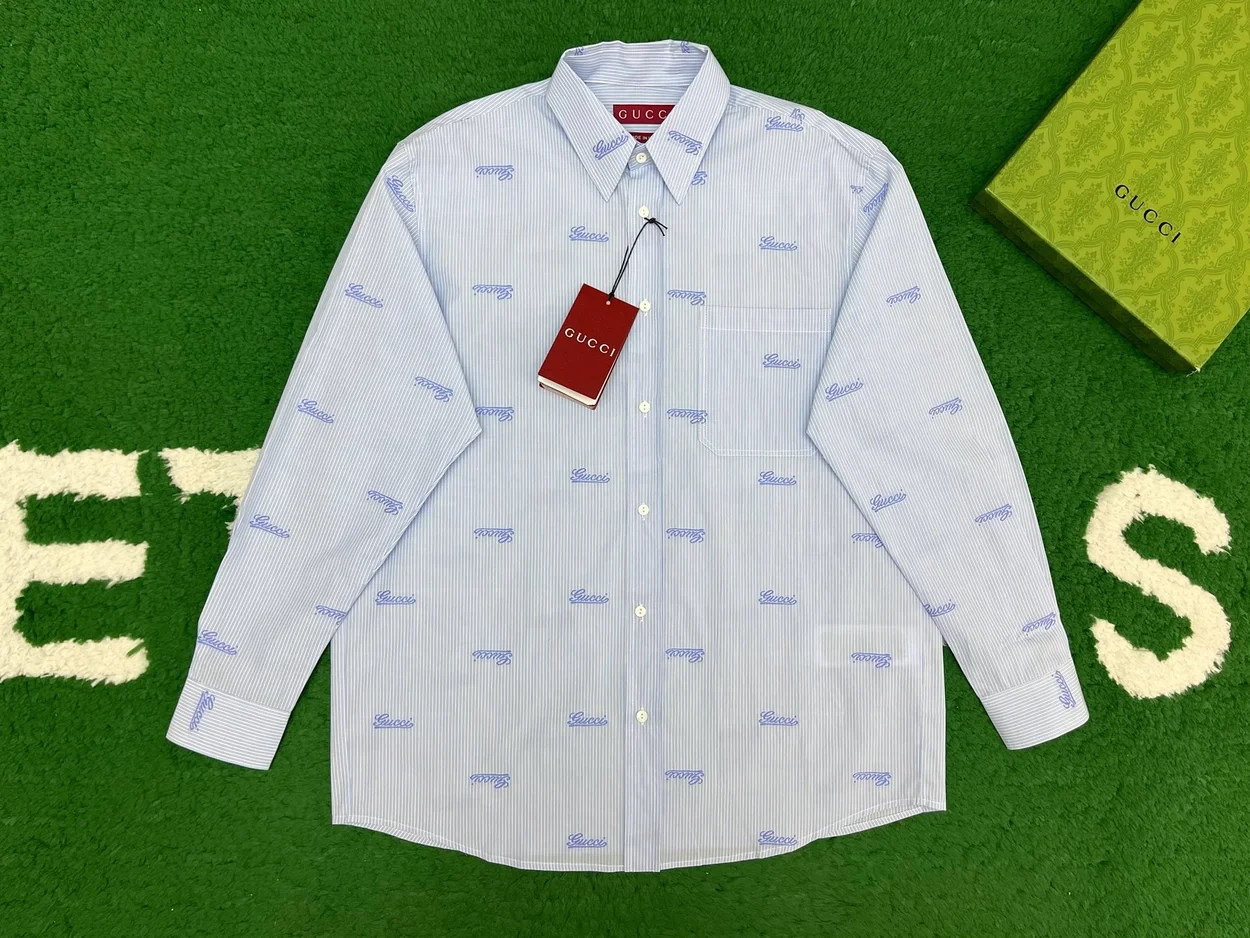 구찌 자수 스트라이프 코튼 셔츠