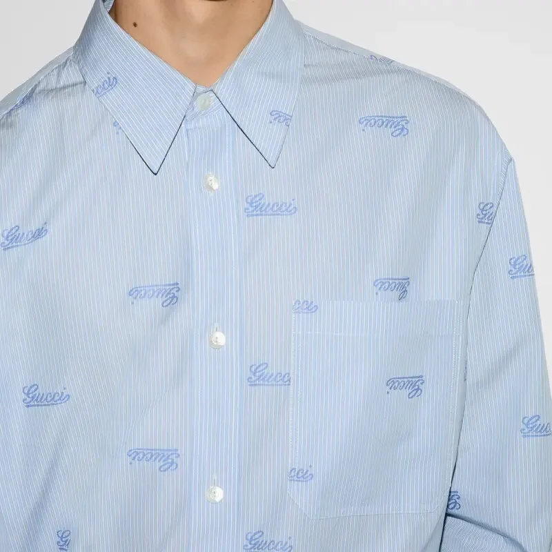 구찌 자수 스트라이프 코튼 셔츠