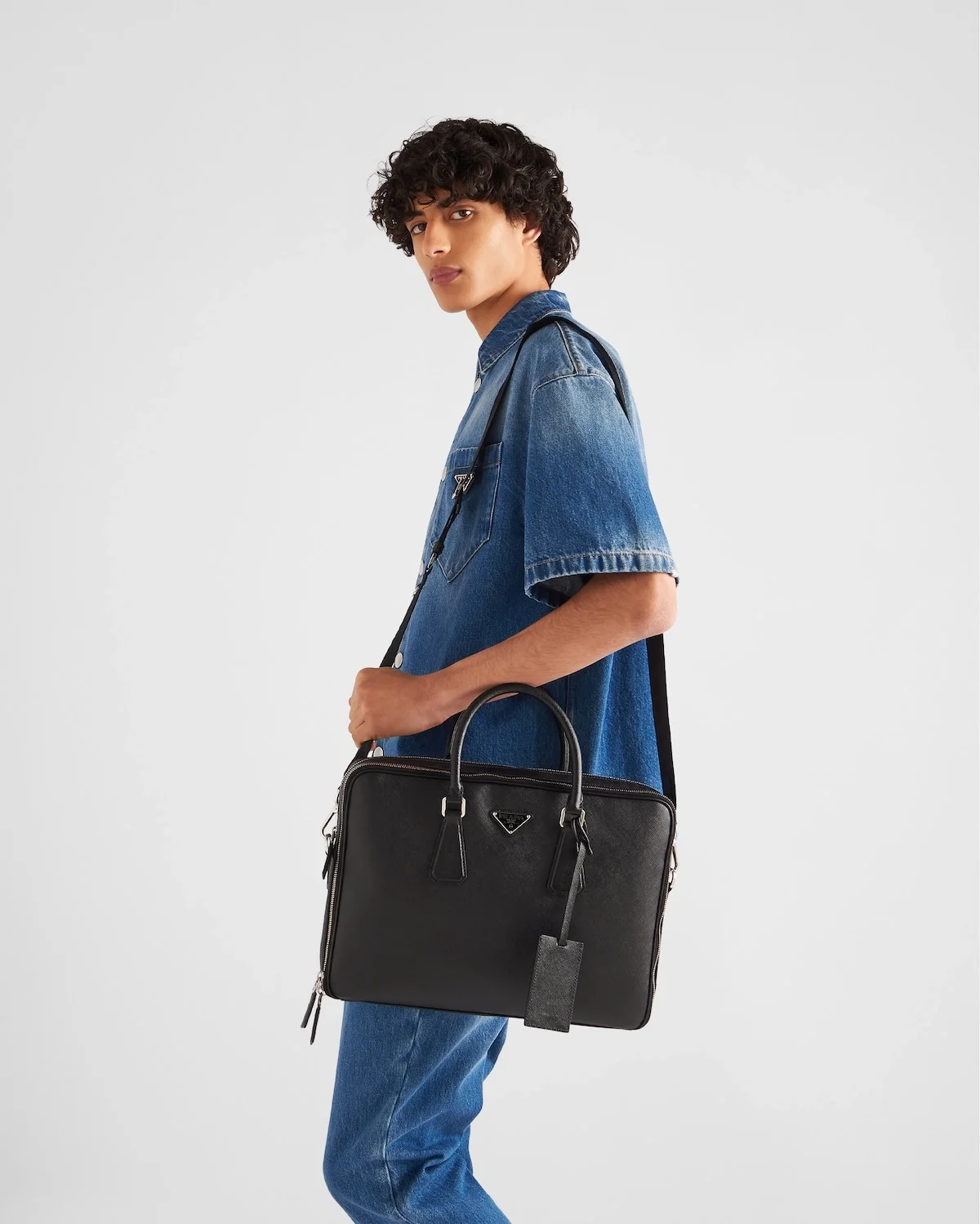 프라다 사피아노 삼각로고 레더 투지퍼 브리프케이스