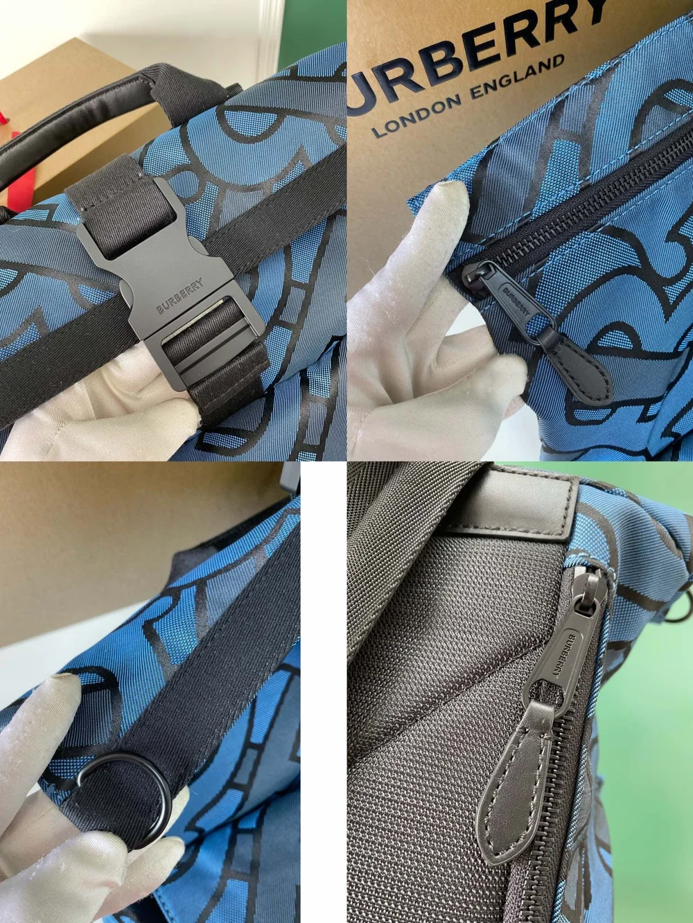 버버리 블루 자카드 TB 모노그램 백팩