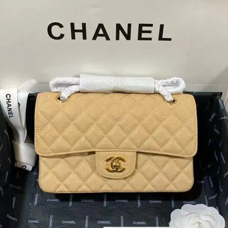 샤넬 클래식  스몰 카프스킨 베이지 골드