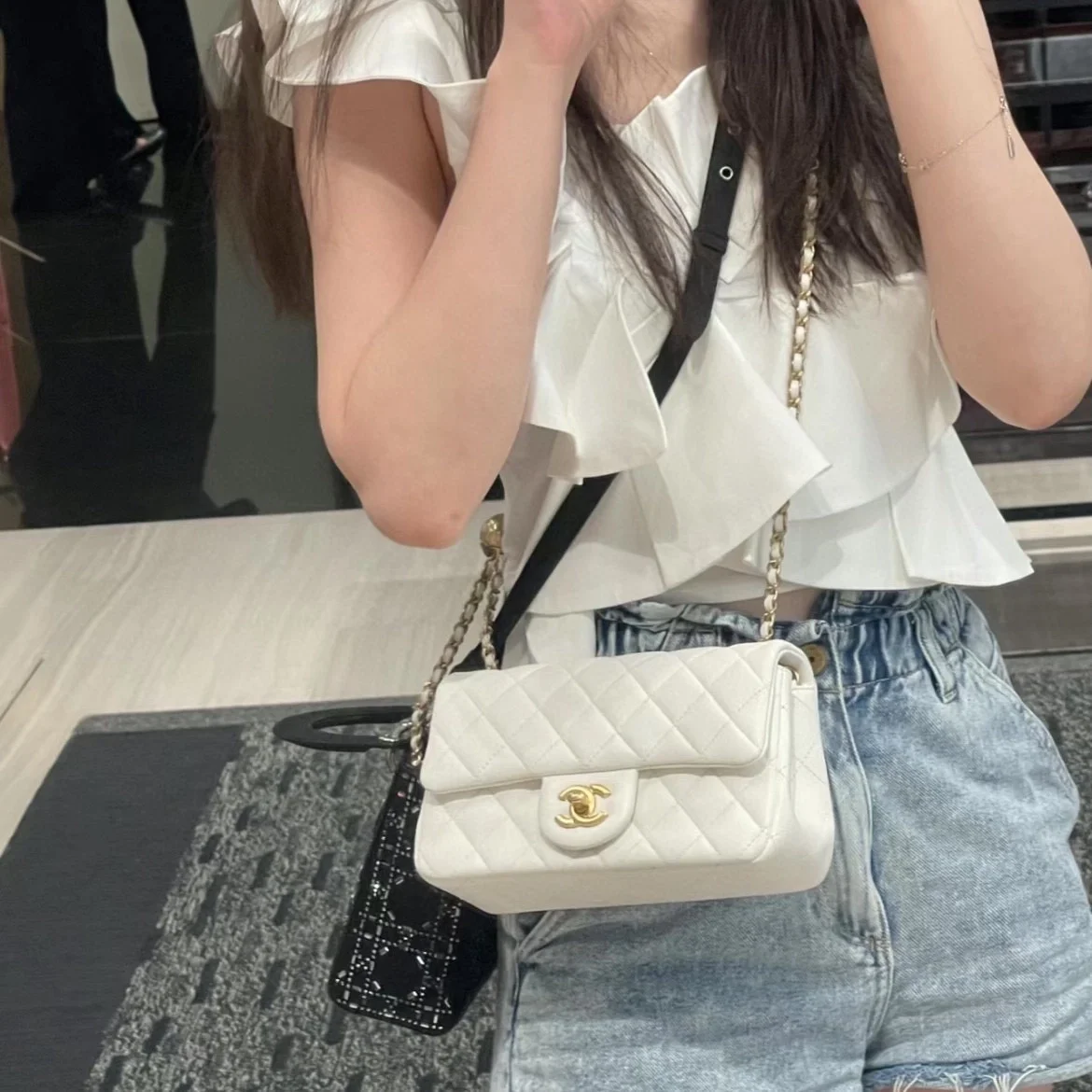 샤넬 클래식 미니 캐비어 화이트 골드