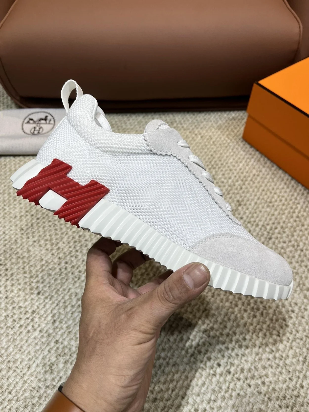 에르메스 바운싱 메쉬 화이트 스니커즈 버건디 오렌지