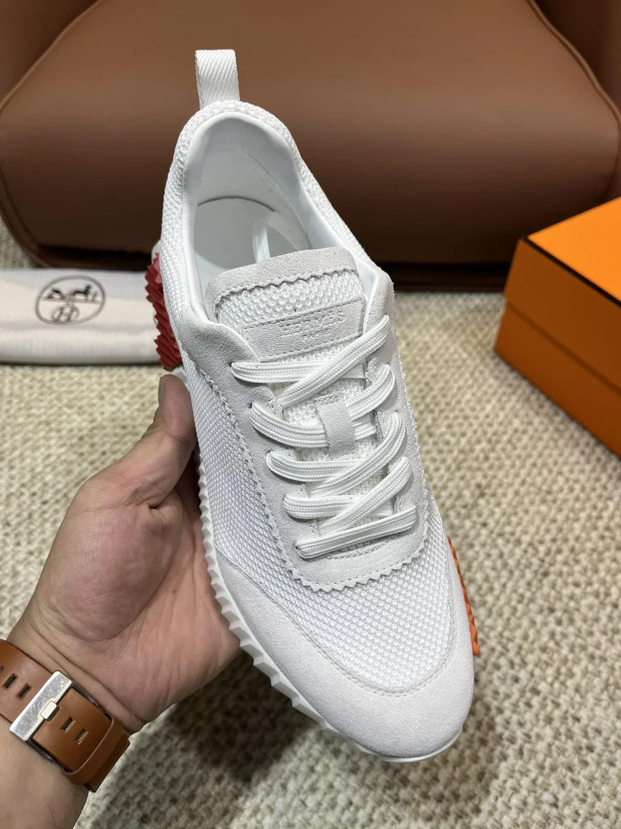 에르메스 바운싱 메쉬 화이트 스니커즈 버건디 오렌지