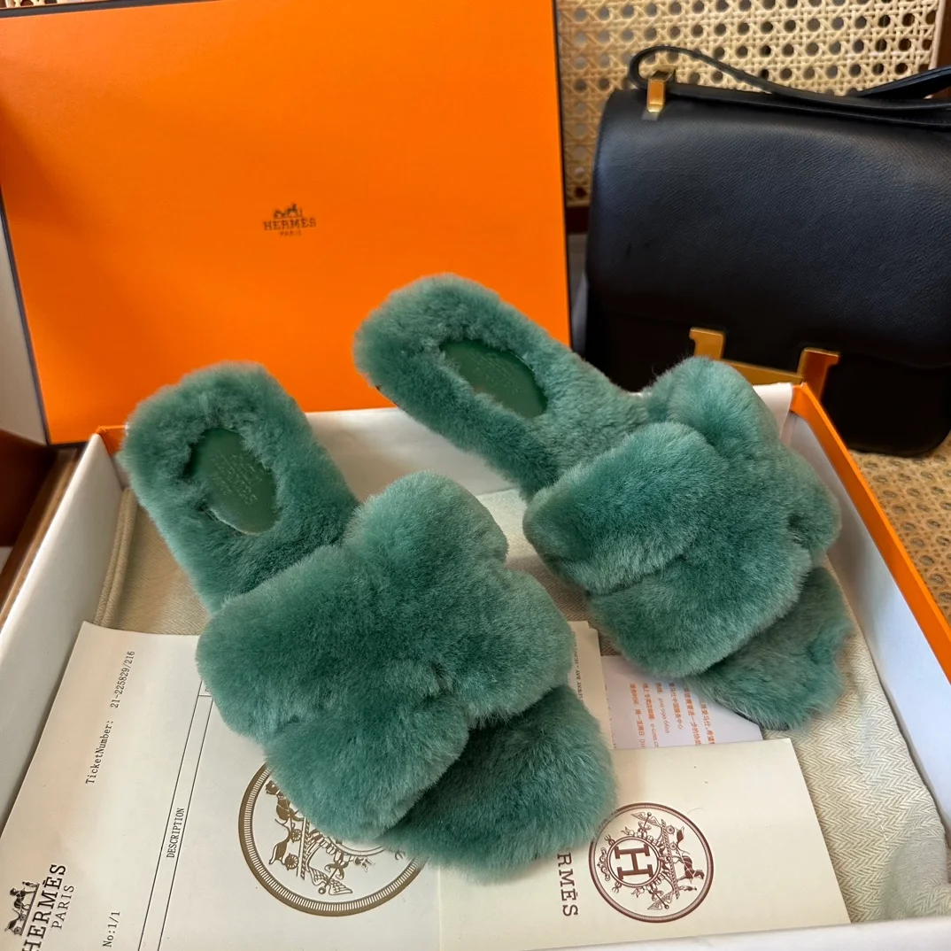 에르메스 시어링 오란 슬리퍼 그린