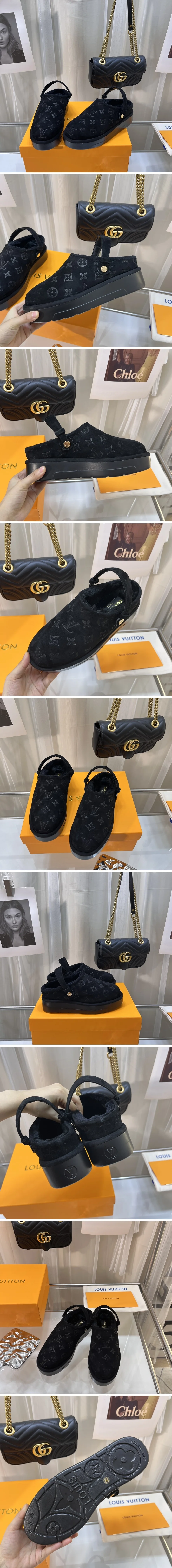 루이비통 아스펜 시어링 퍼 플랫폼 클로그 뮬