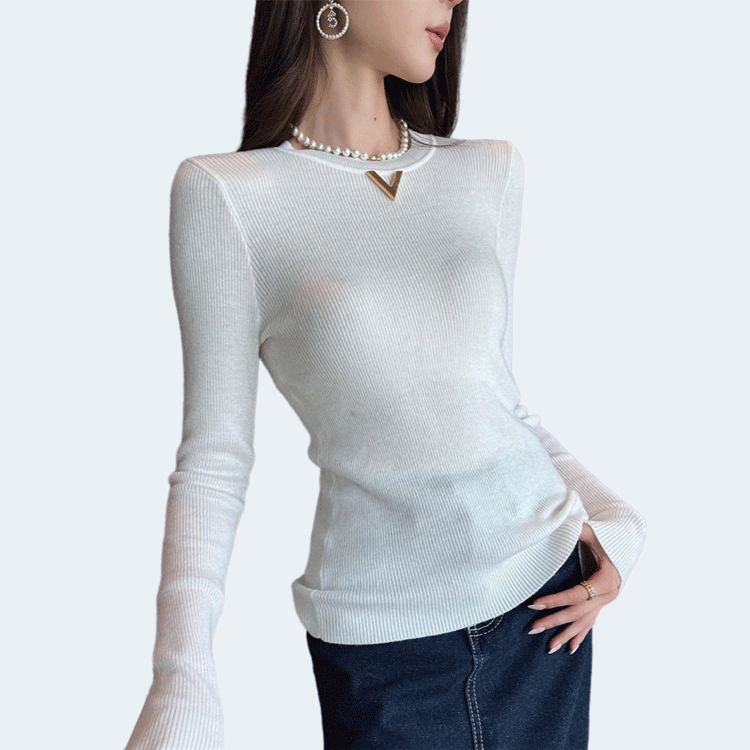 발렌티노 로고 골지 티셔츠 아이보리