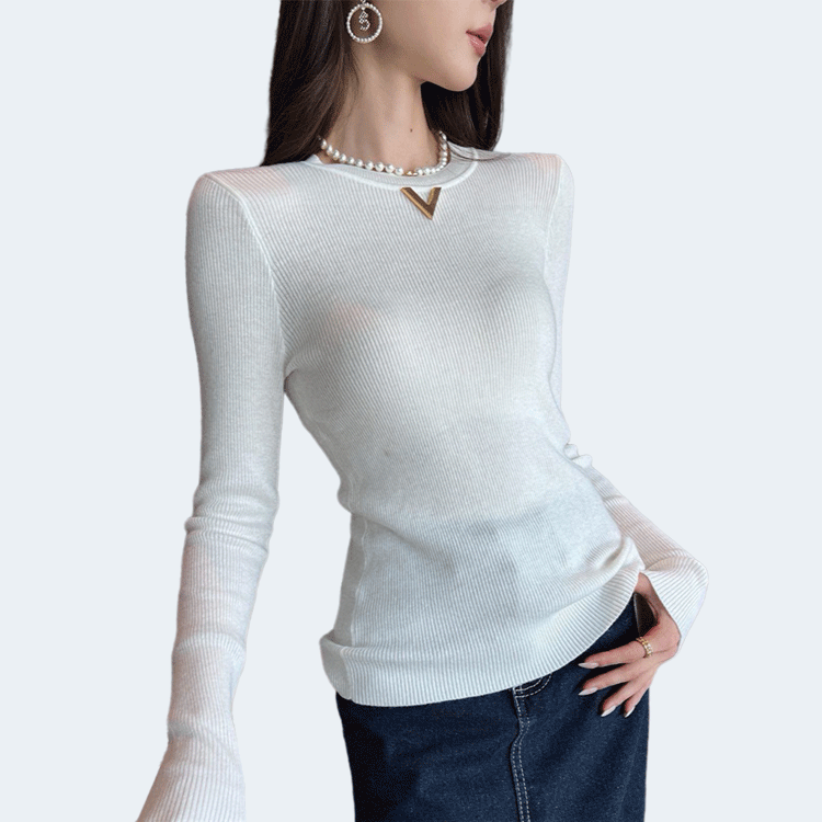 발렌티노 로고 골지 티셔츠 아이보리