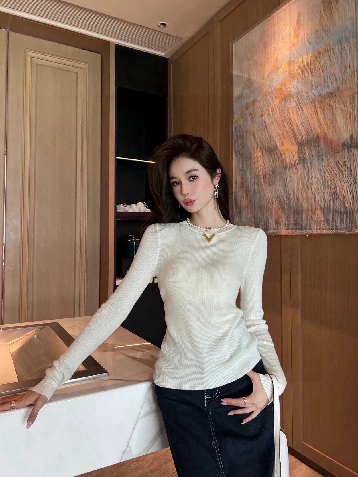 발렌티노 로고 골지 티셔츠 아이보리