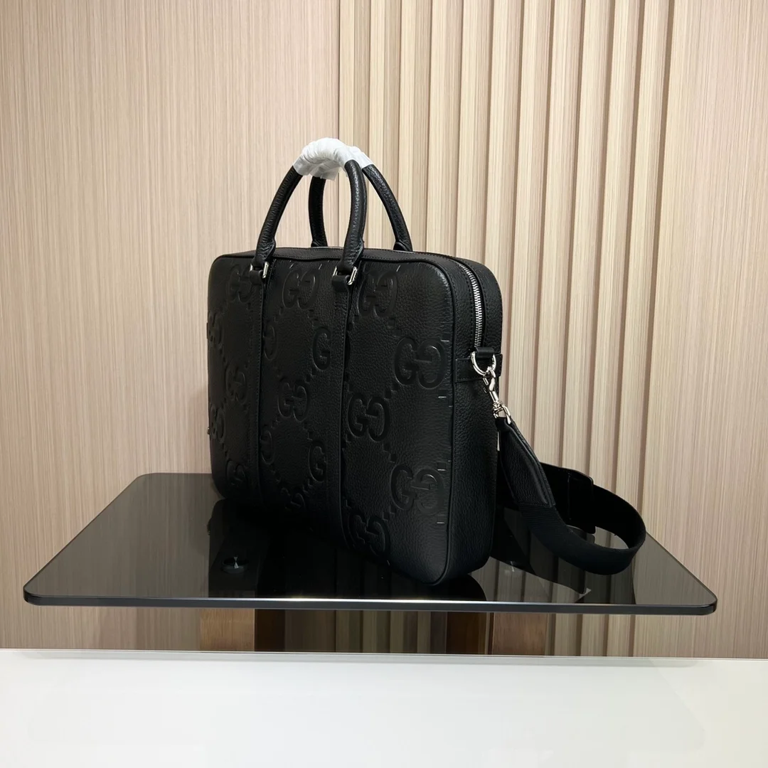 구찌 블랙 레더 점보 GG 브리프케이스