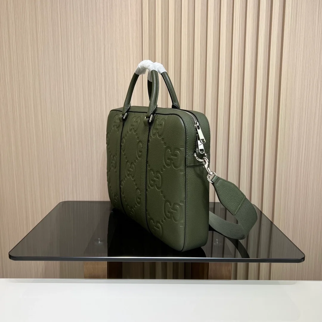 구찌 다크 그린 레더 점보 GG 브리프케이스
