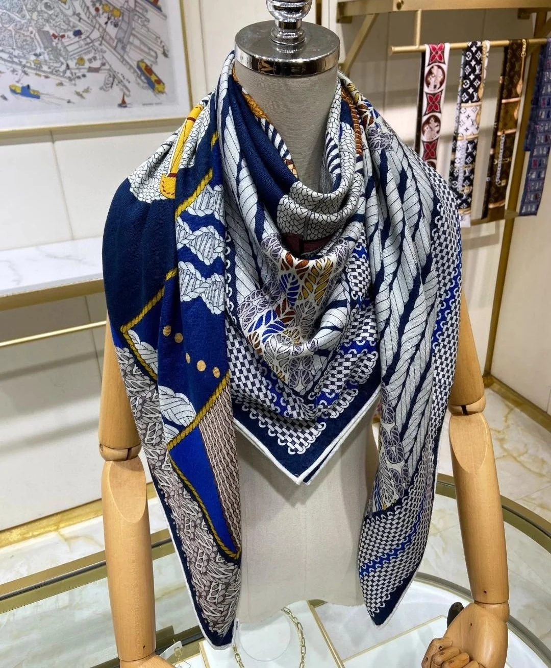 에르메스 Dressage Tressage 140 마린 숄 스카프