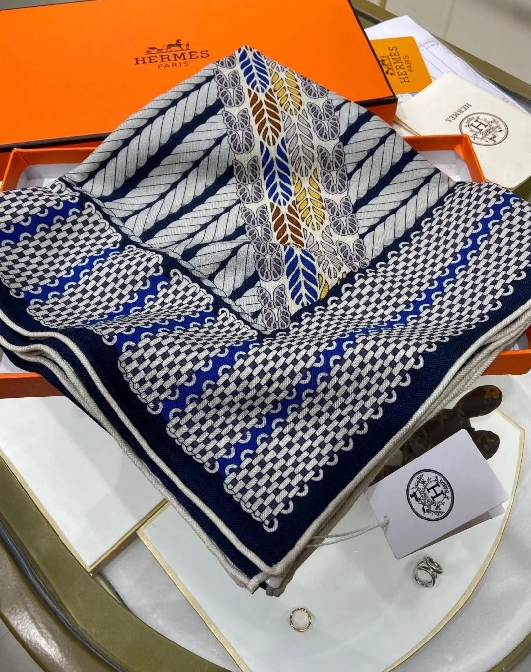 에르메스 Dressage Tressage 140 마린 숄 스카프